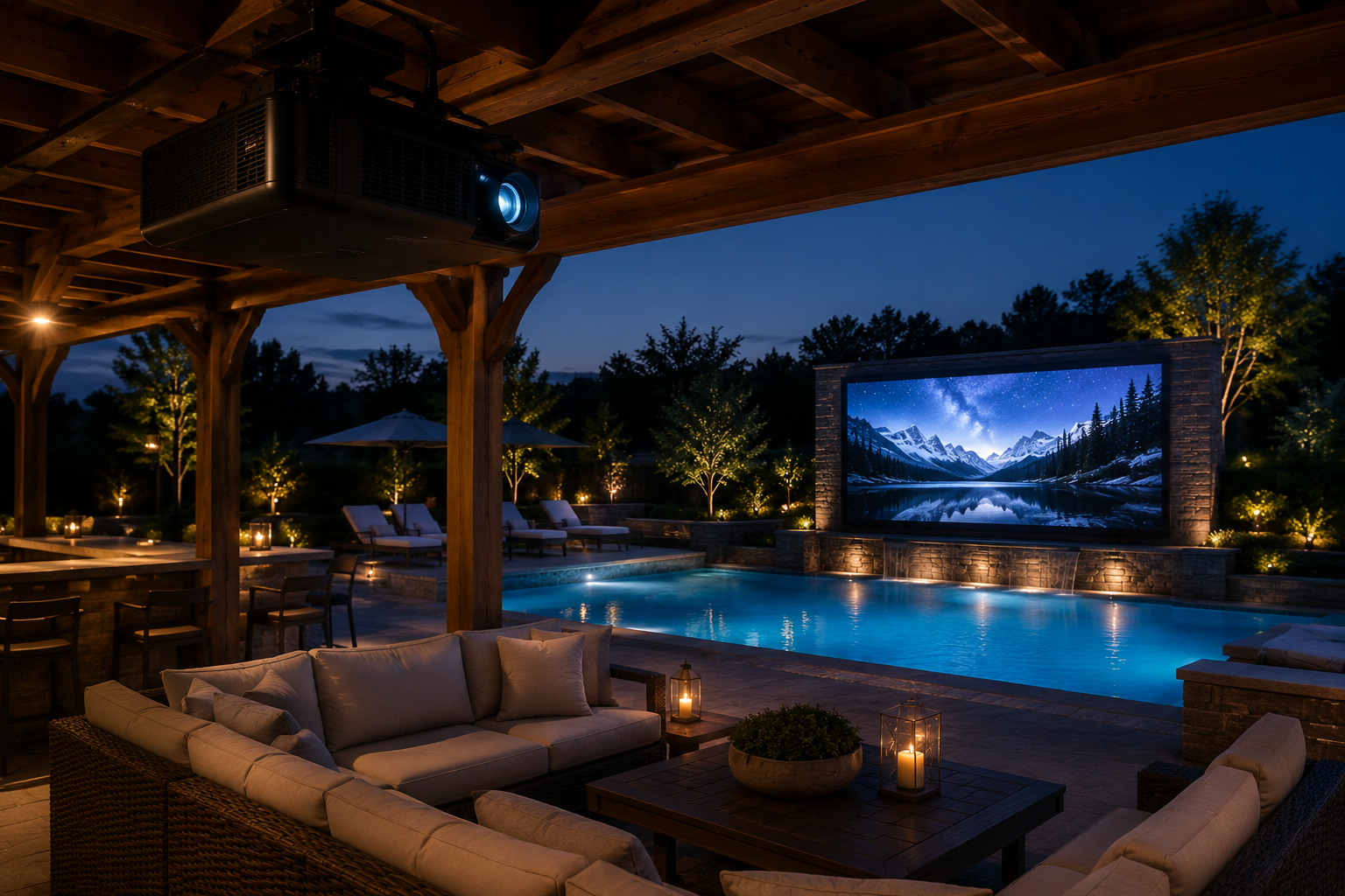 Elegant backyard cinema at twilight