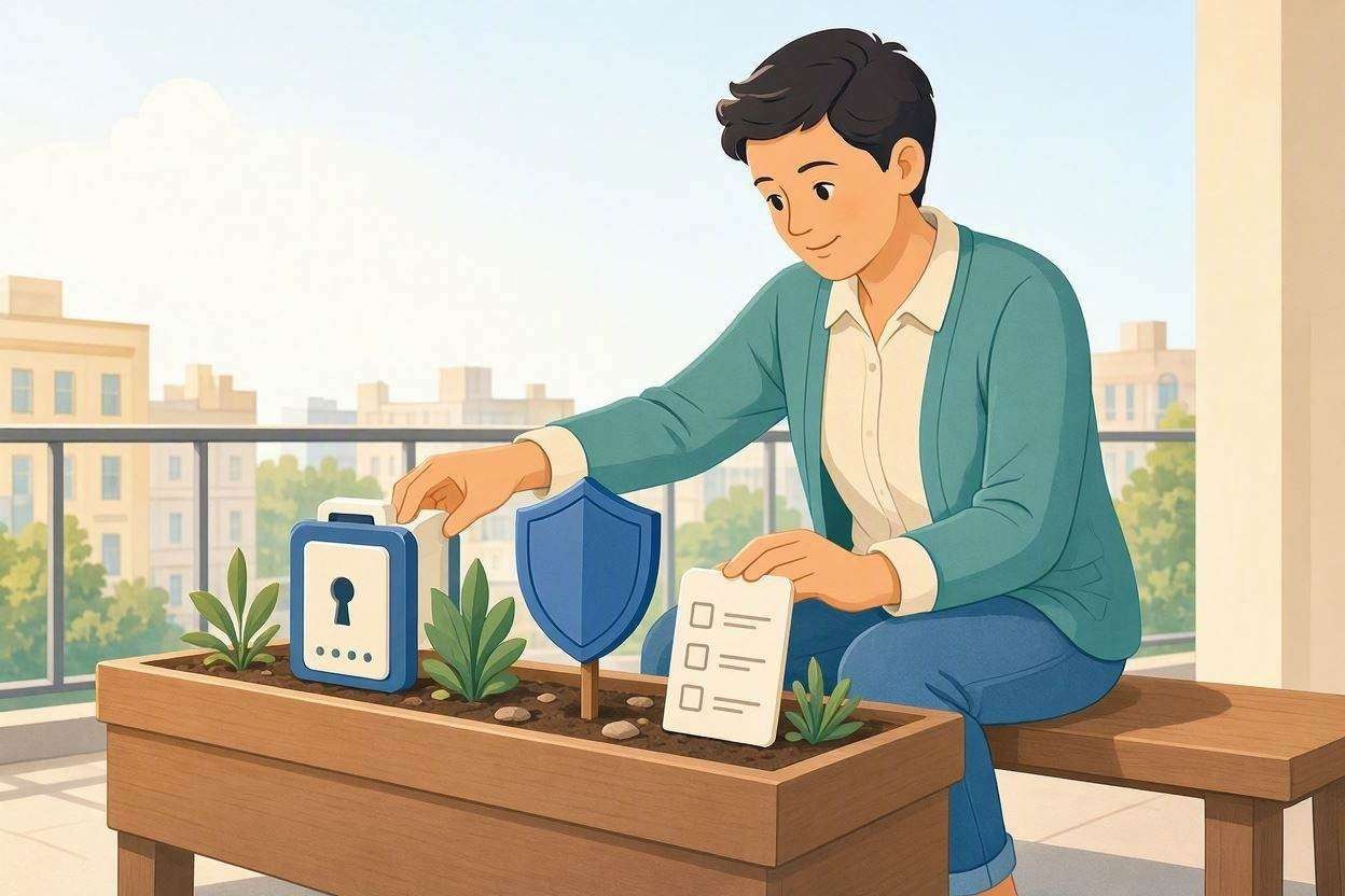 calm person tending to simple security tools