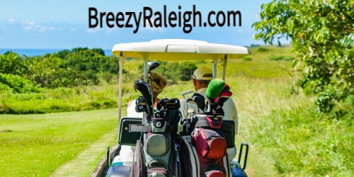 Golf players driving golf cart on path