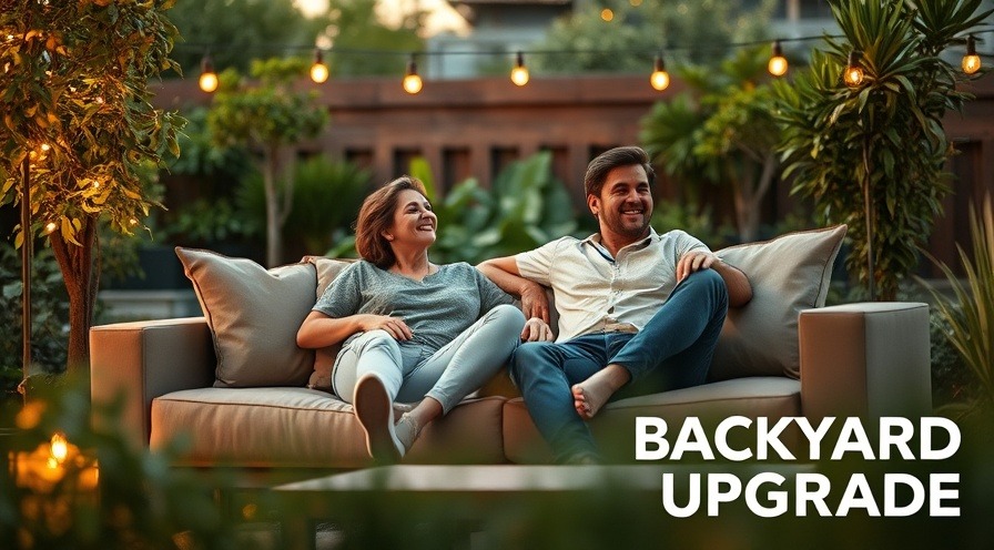 Joyful couple relaxing on outdoor sofa in backyard upgrade, surrounded by greenery.
