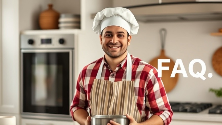 Smiling home cook in the kitchen with FAQ text off to the side.
