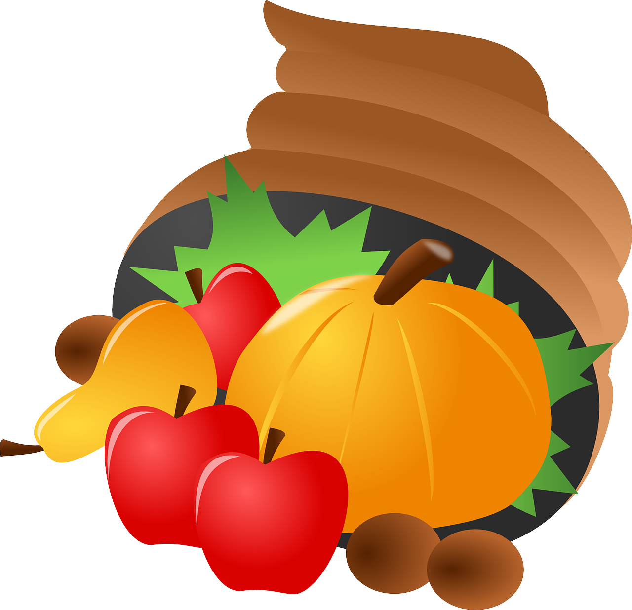 harvest basket with pumpkins and apples