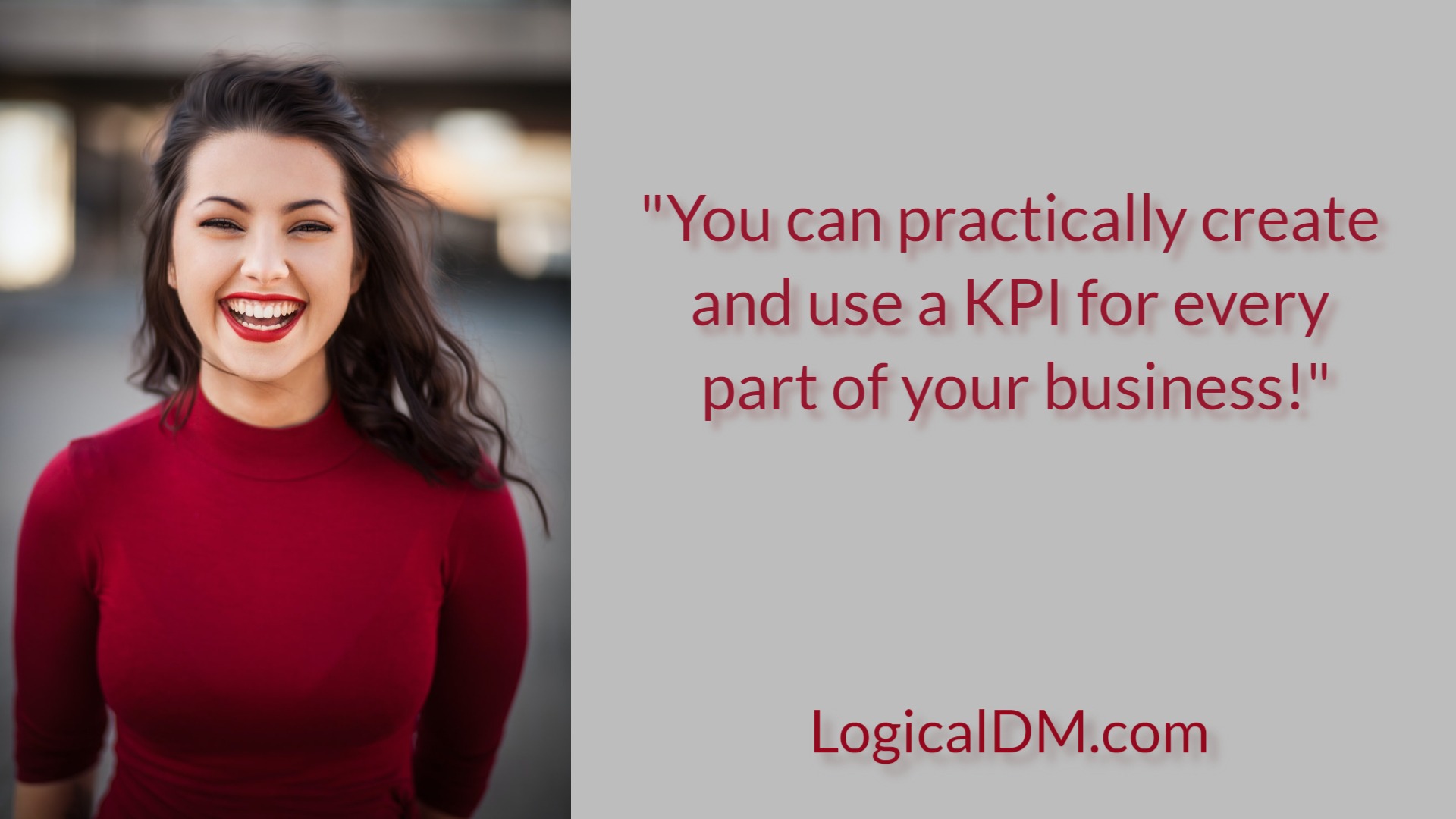 Young female adult in red laughing about KPI quote