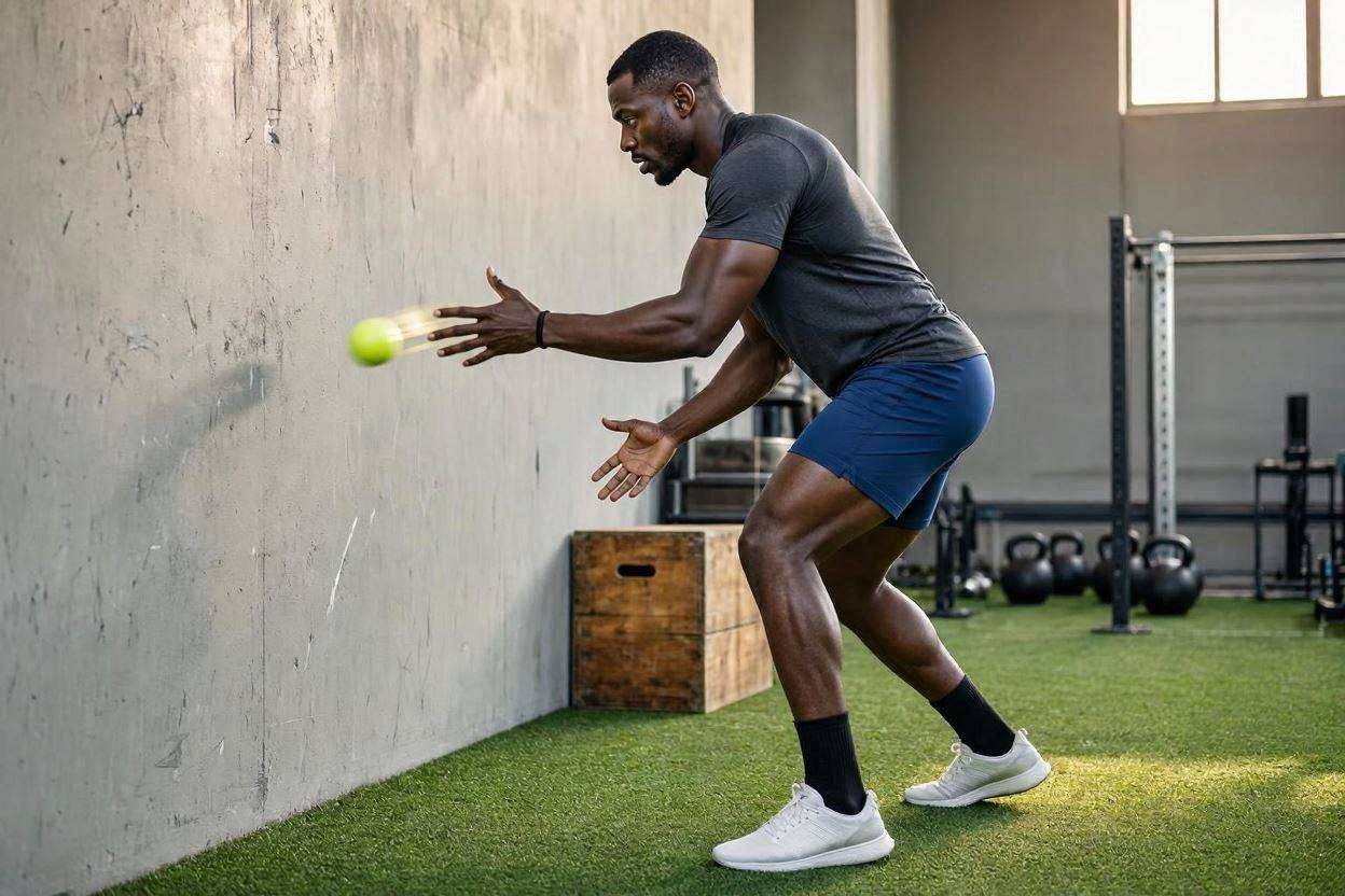 An athlete performing a reaction-ball drill against a wall