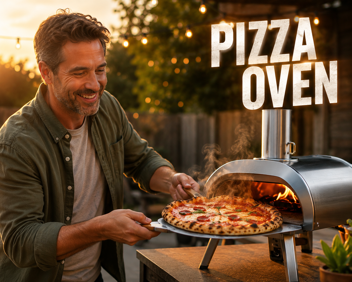 Joyful man pulls pizza from stainless steel oven at golden hour, vibrant colors.