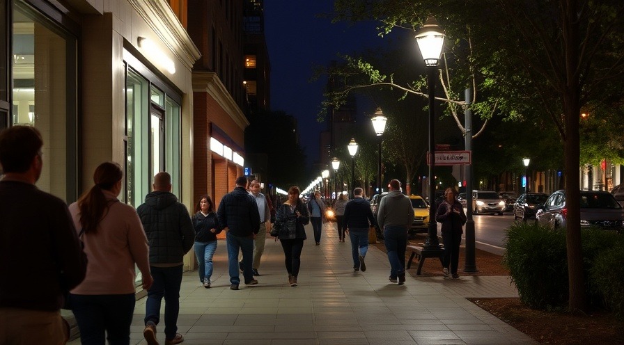 Citizens walking on a Raleigh city sidewalk at night, vibrant urban atmosphere.