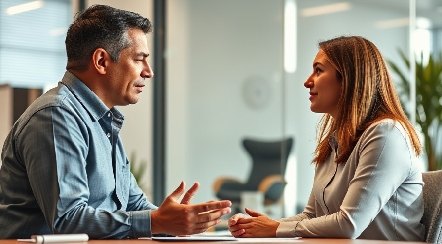 Photorealistic workplace scene of supervisor and employee in empathetic discussion.