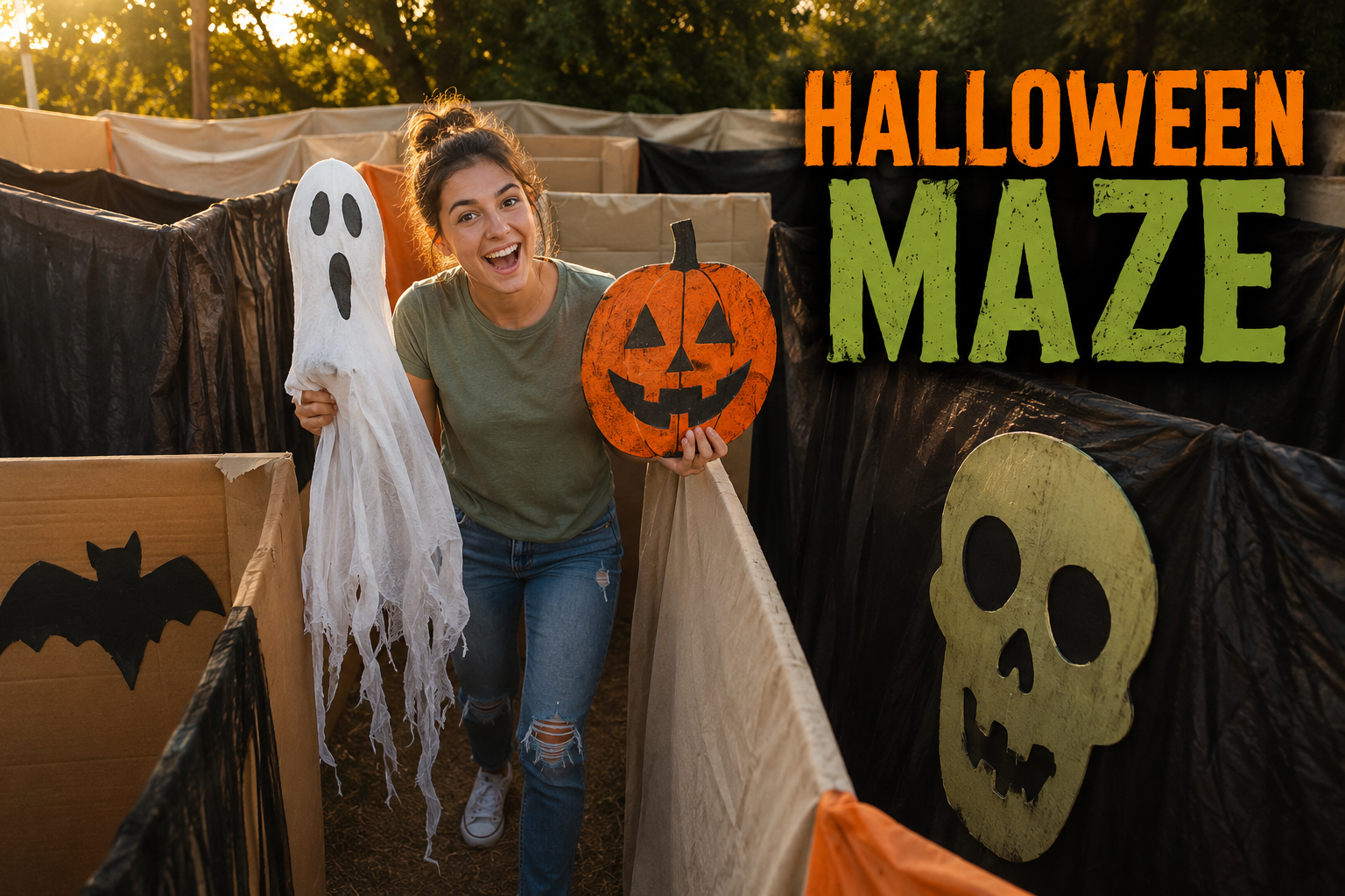 Backyard Halloween maze adventure with fun props