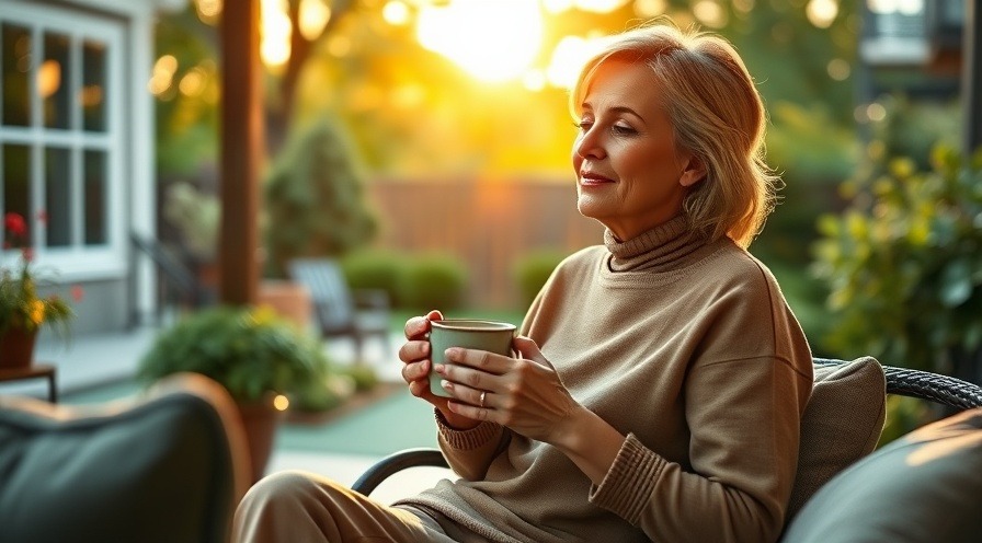 Photorealistic portrait of a serene 38-year-old woman enjoying a mindful moment at sunrise.