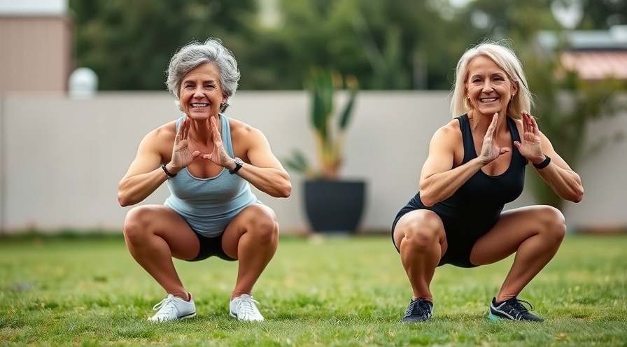 Two older women happily doing bodyweight squats together outdoors.