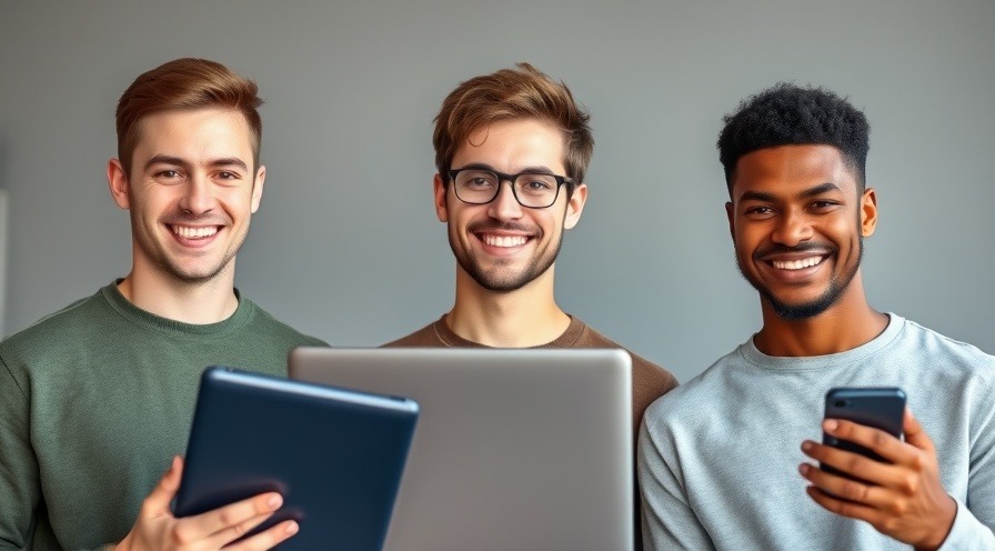 Three 20-year-old males smiling, holding a tablet, laptop, and smartphone.
