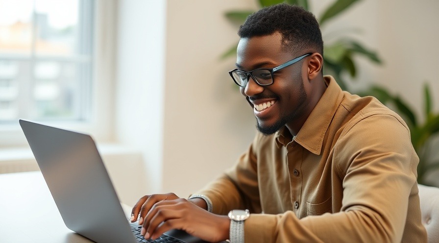 Young male smiling while coding on laptop, showcasing creativity.