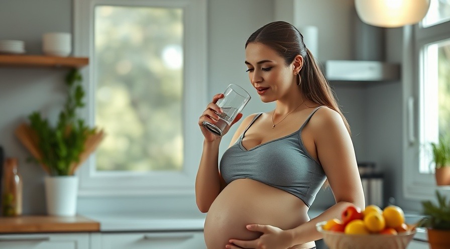 Glowing pregnant woman in a modern kitchen sipping water, bright natural light.