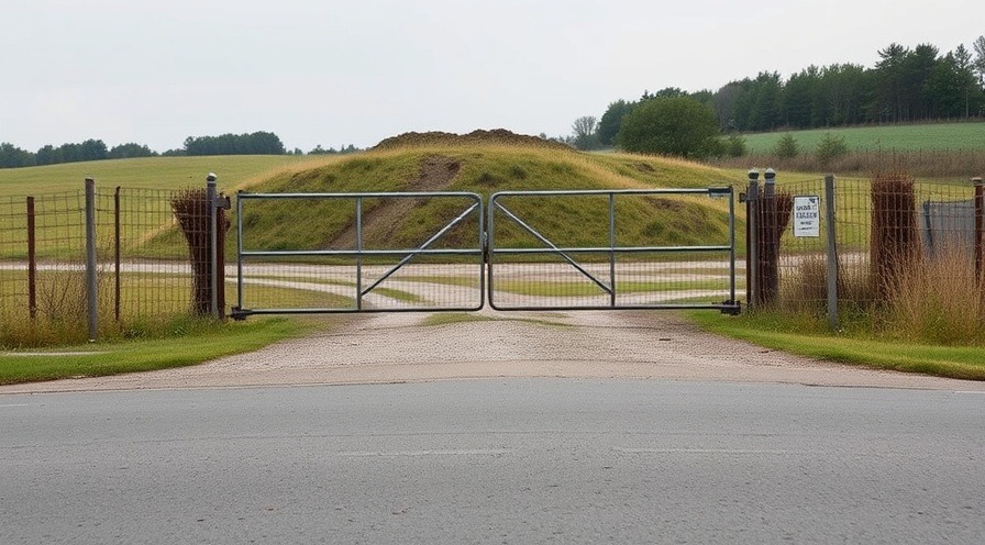 Gated entrance to a rural landfill highlighting environmental contamination concerns.