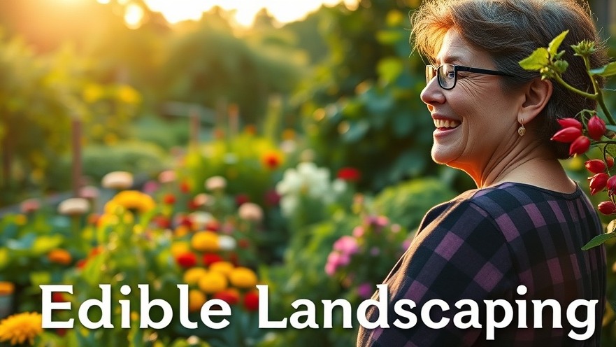 Joyful gardener in golden-hour light, admiring a vibrant edible landscape garden.