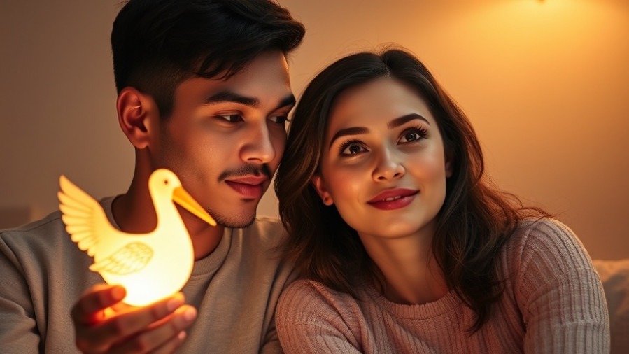 Hopeful couple gazing at a stork lamp, symbolizing nutrition and fertility.