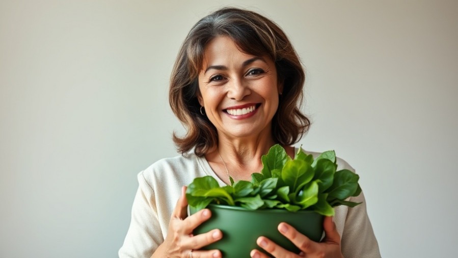 Middle-aged Hispanic woman enjoying bone health nutrition with vibrant leafy greens.
