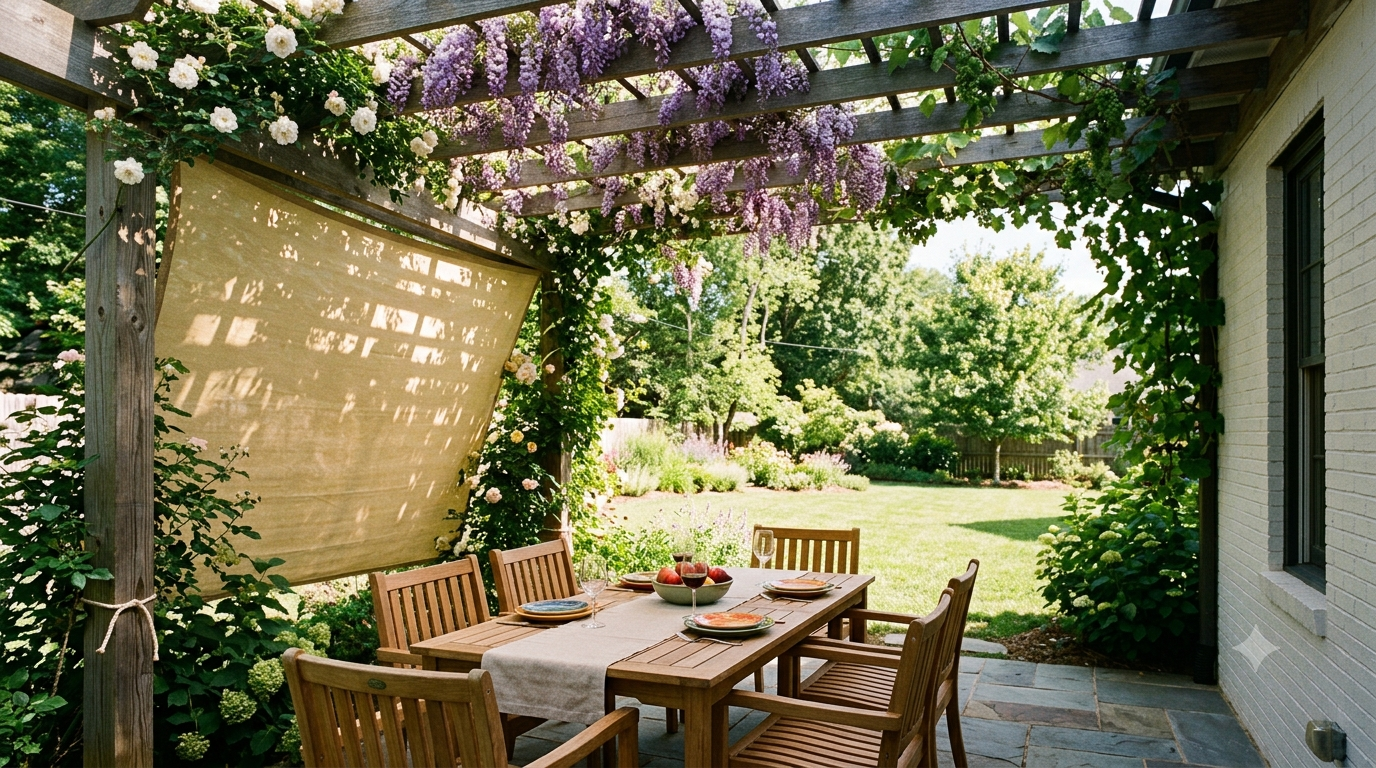 Pergola with climbing plants