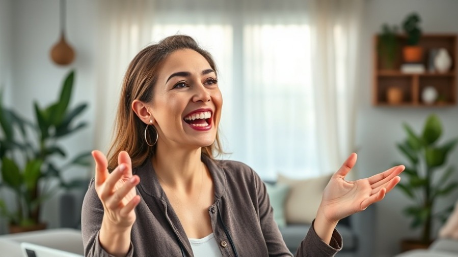 Enthusiastic woman discusses earthing and its health benefits of grounding in a vibrant living room.