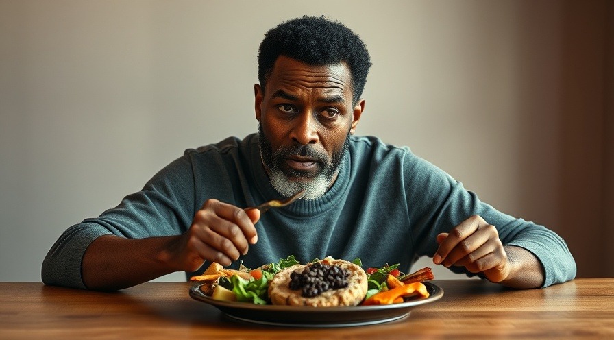 Middle-aged man enjoying healthy soul food nutrition with vibrant, nutritious dishes.