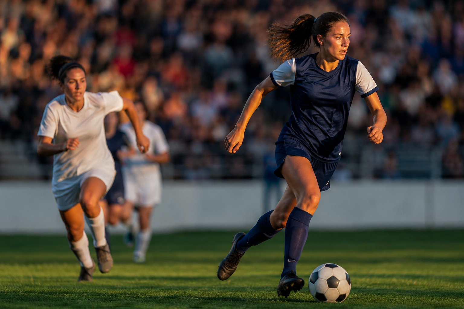 elite female soccer player chasing the ball 