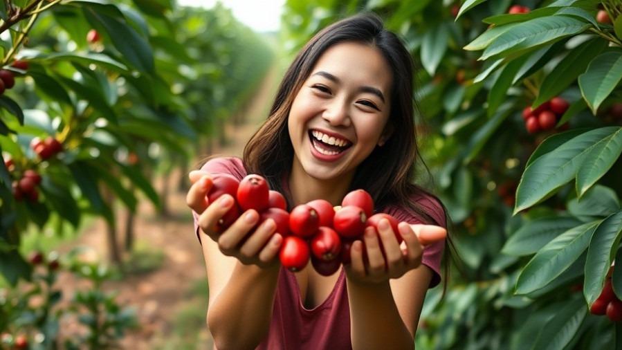 Joyful woman showcasing ripe coffee cherries, highlighting health benefits of coffee cherry.