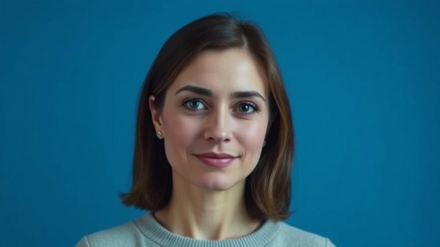 Empathetic woman conveying emotional safety and mindfulness on a blue background.