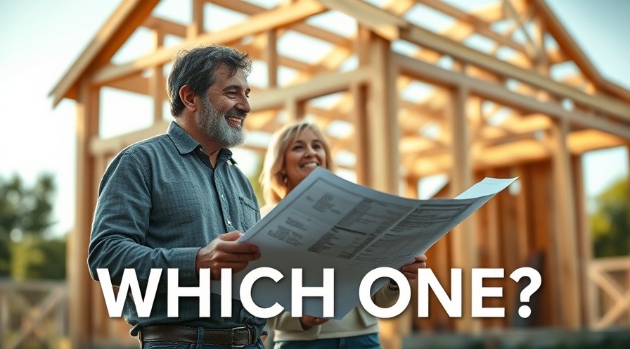 Smiling homeowner and designer discussing plans by a wooden structure in morning light.