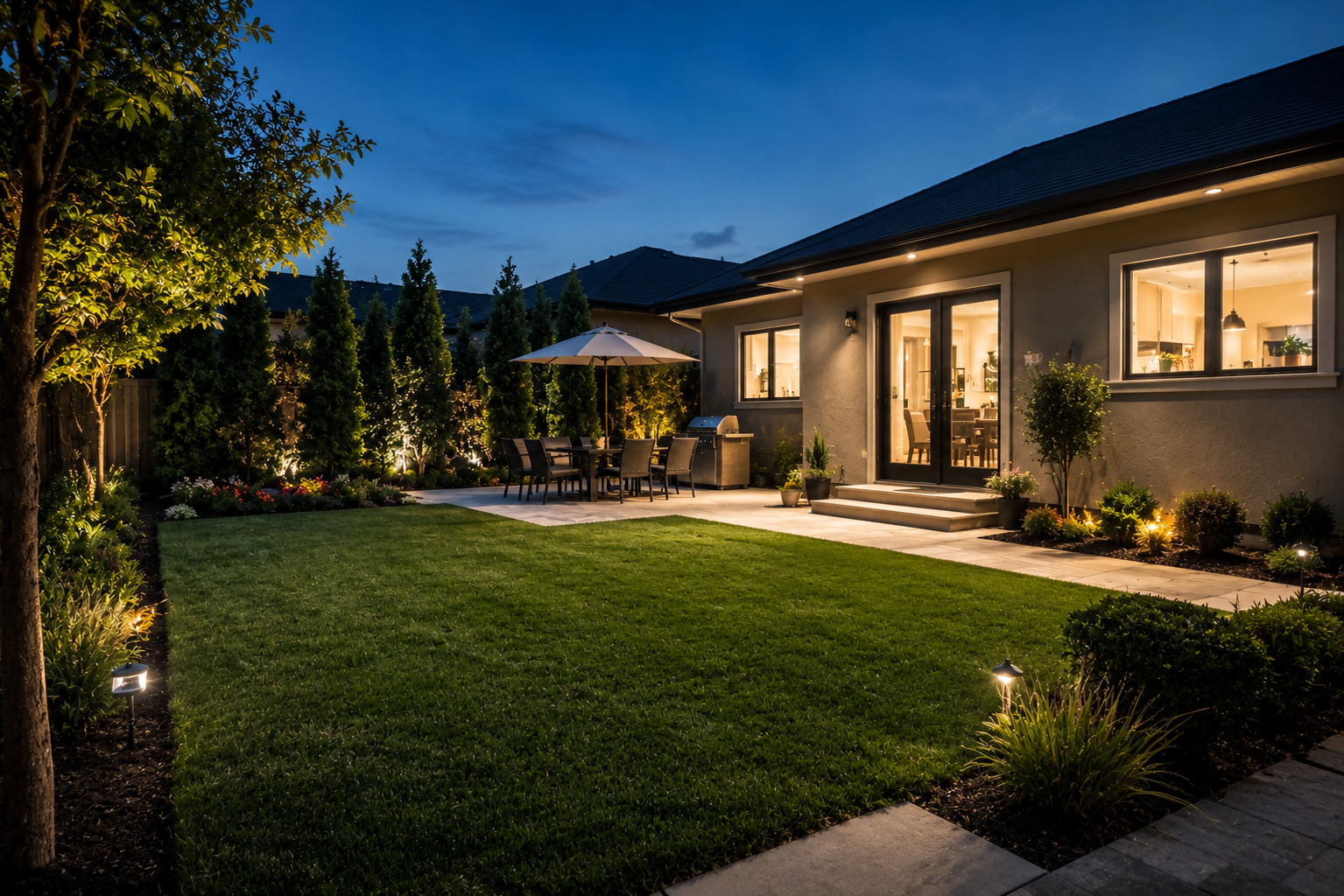 Cozy suburban backyard at twilight