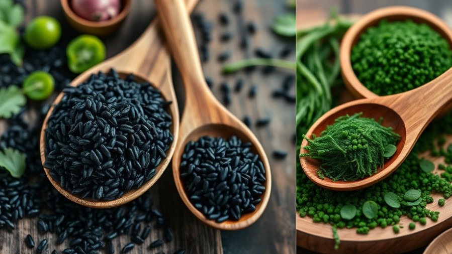 Vibrant collage of beneficial superfoods like black rice and spirulina, highlighting their health benefits.