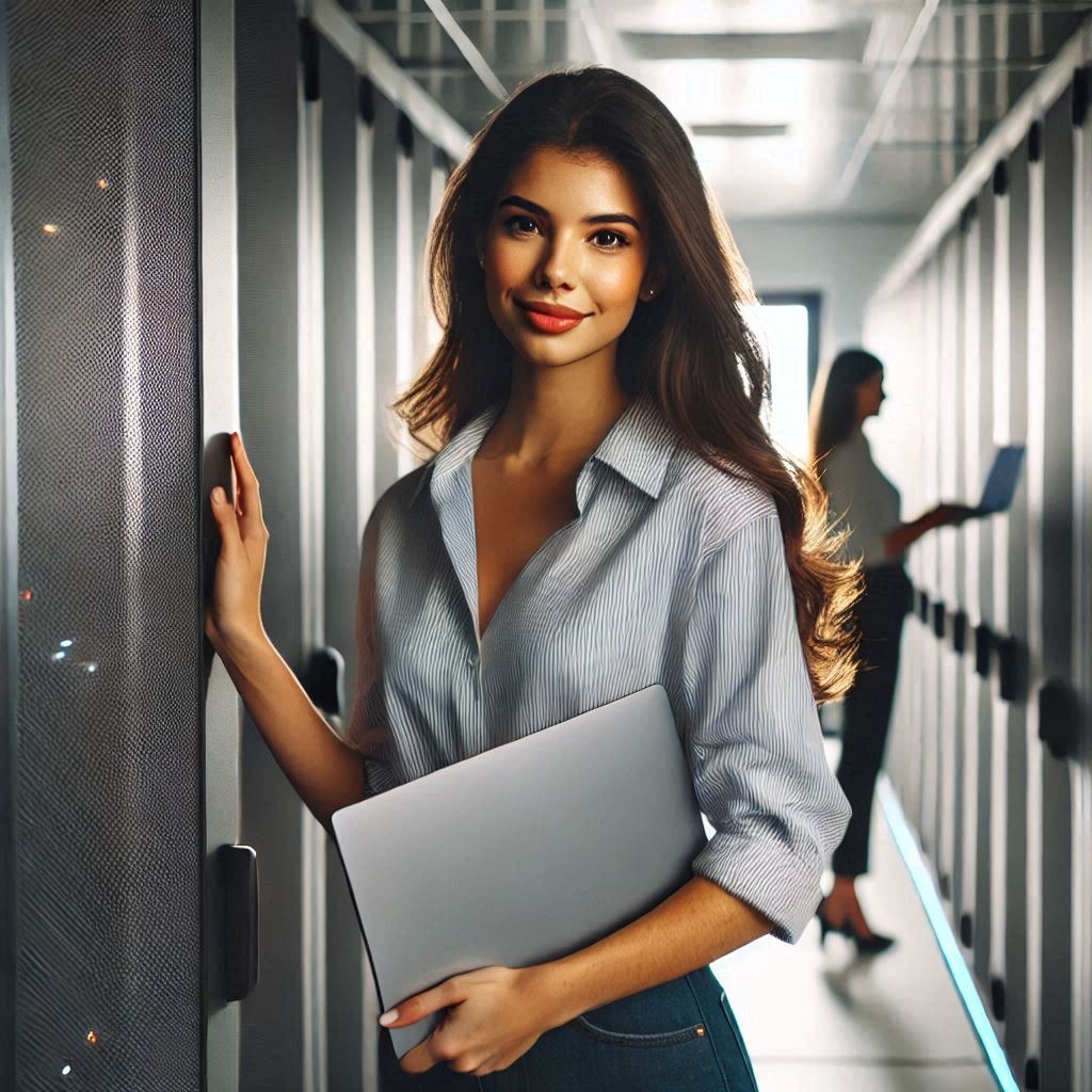 A young attractive woman carrying a laptop, opening the door into a computer server room, candid photo