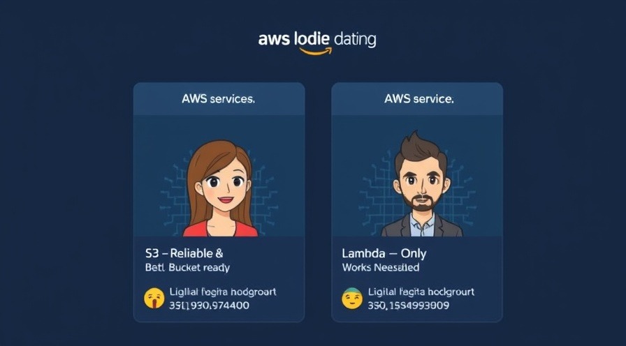 Mock dating app interface showcasing AWS services with fun profiles and emojis.