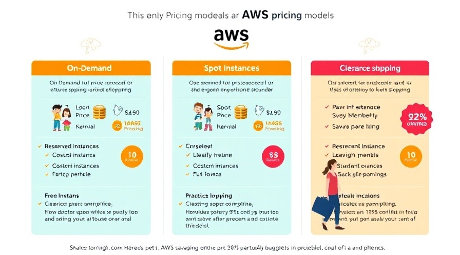 infographic illustrating AWS pricing models with cartoon characters and savings callouts.