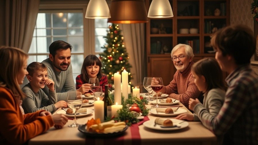 Warm family gathering around Christmas dinner, showcasing genuine emotions and interactions.