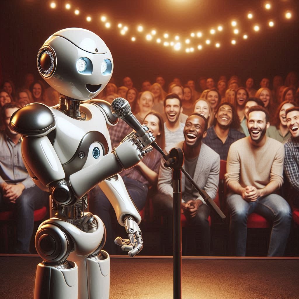 A robot telling IT Jokes in a comedy club