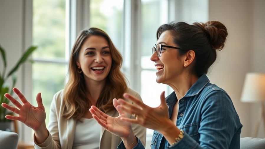 Enthusiastic woman discussing stress management and community support in a photorealistic indoor setting.