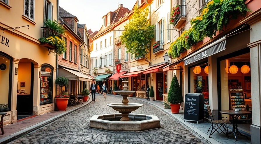 Charming European village stroll with cobblestone paths, cafes, and summer vibes.