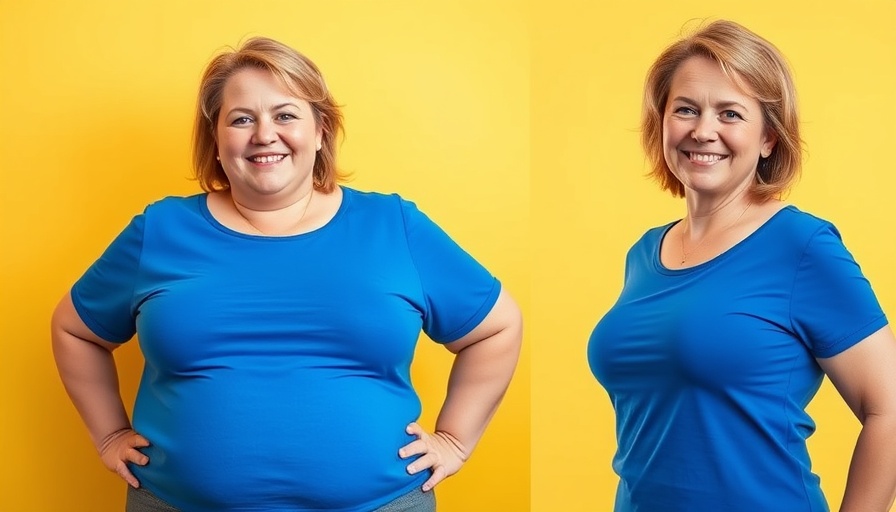 Transformation before and after photo, woman in blue top after weight loss.