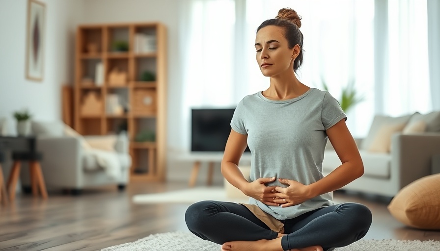 Balloon Breath for Stress Relief technique practiced by a seated woman.