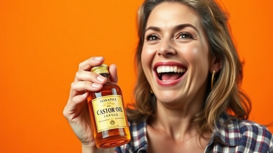 Cheerful model showcasing the advantages of holistic medicine with castor oil.