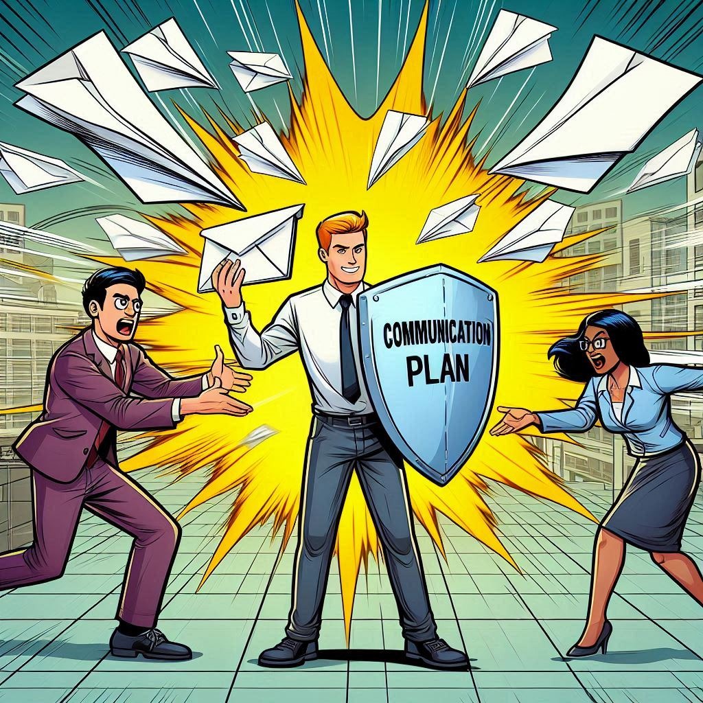 Cartoon project manager using a communication plan as a shield to stop passive-aggressive emails