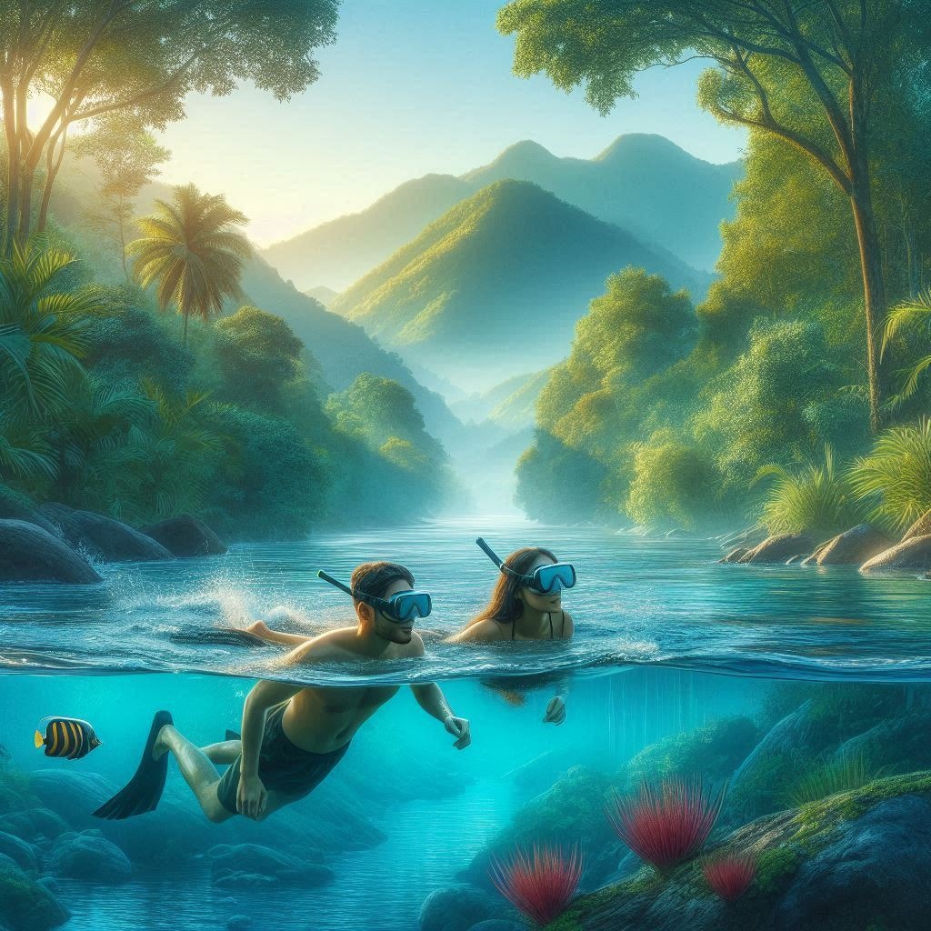 Man and Woman enjoying freshwater snorkeling adventures in the Blue Ridge Mountains.