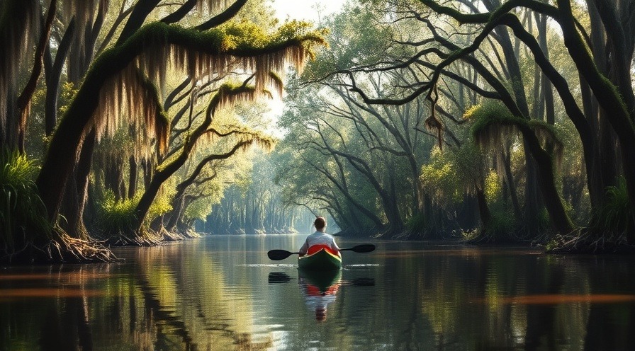 Person kayaking in a shaded cypress swamp with moss-draped trees.