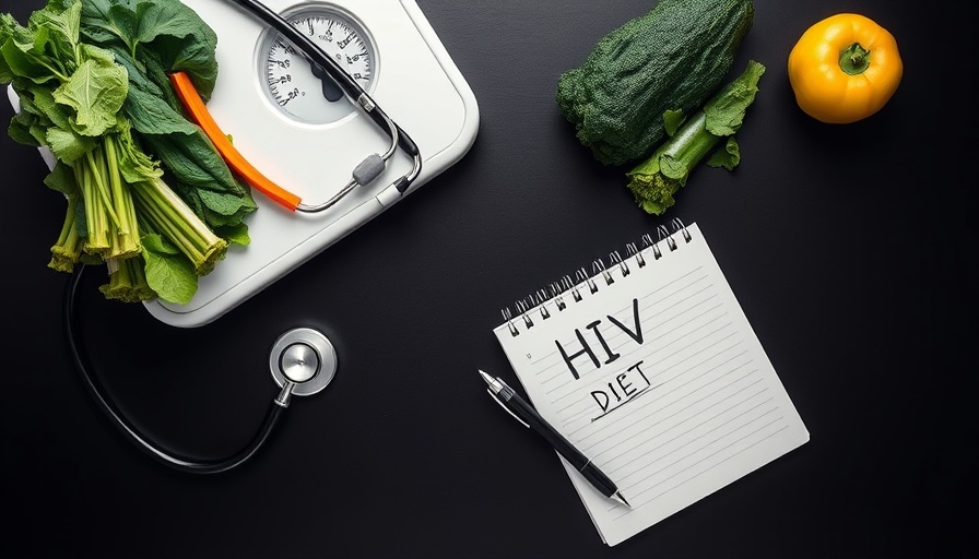 HIV diet tips composition with stethoscope, vegetables, and notepad.
