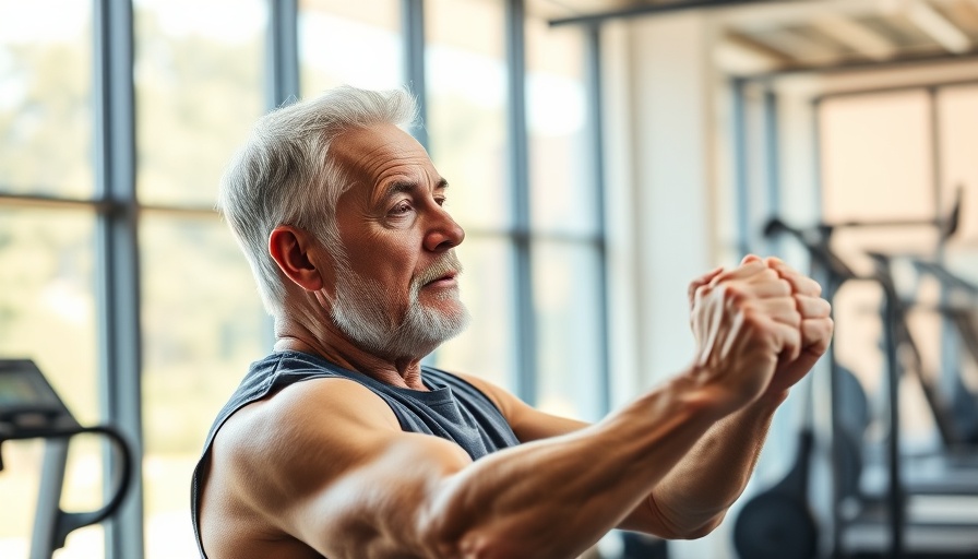 Senior fitness challenge, motivated man exercising indoors.