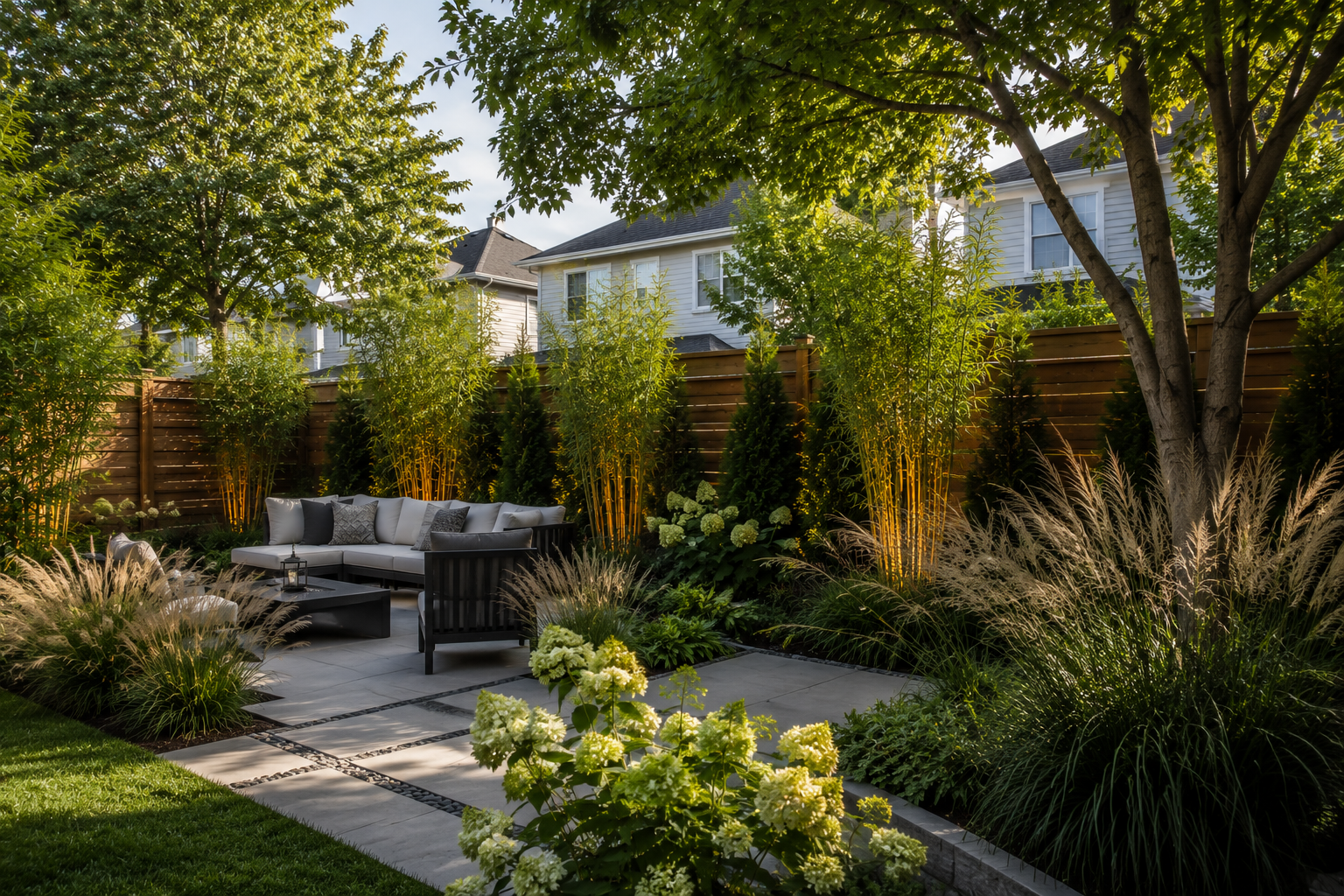 Serene suburban backyard patio garden retreat