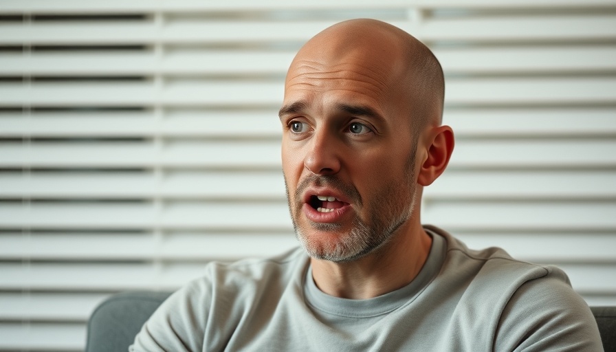 Engaged bald man indoors, conversing animatedly about personal protectors health.