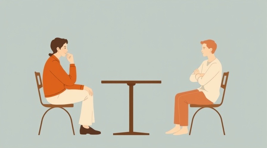 Minimalist illustration of two people conversing at a café table, capturing connection and disconnection.