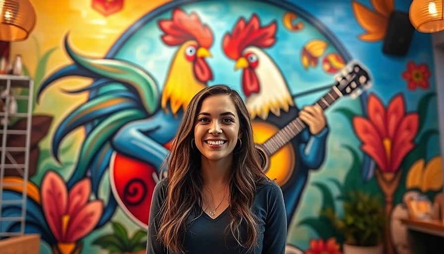 Dining experience in Gastonia NC, woman by rooster mural.