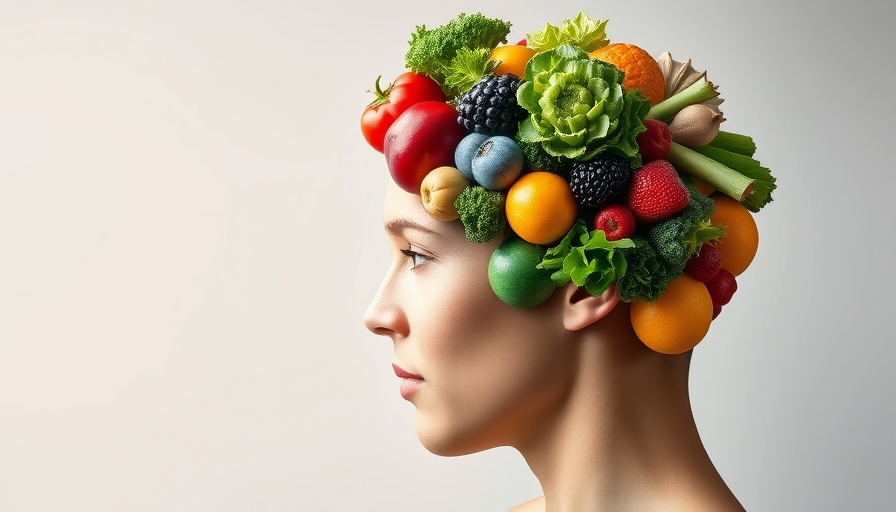Human head silhouette filled with fruits and vegetables, symbolizing diet affects mental health.